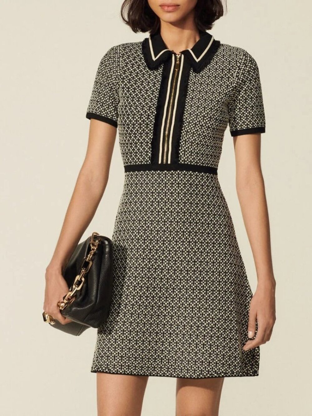 SANDRO Knitted Collared Fit&Flare Black White Preppy Office Mini Midi Dress 8